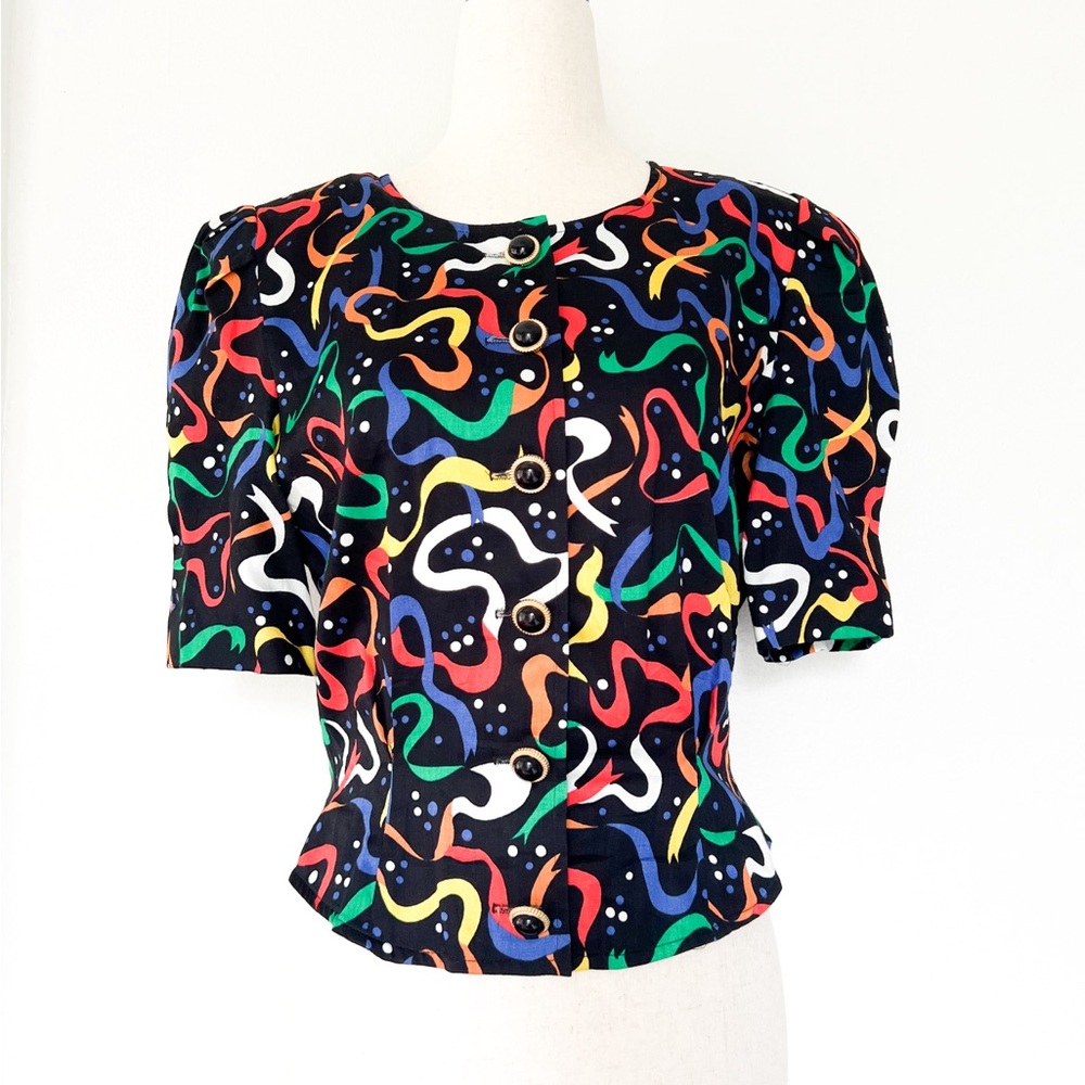 VTG Doncaster Novelty Print Button-up Blouse | Puff  sleeves | Small (6)